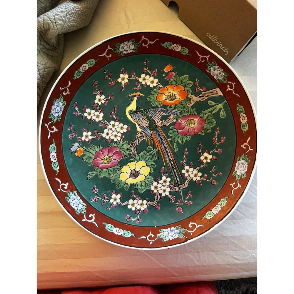 Hand Painted Japanese Maroon and Green Imari Plate With Two Peacocks